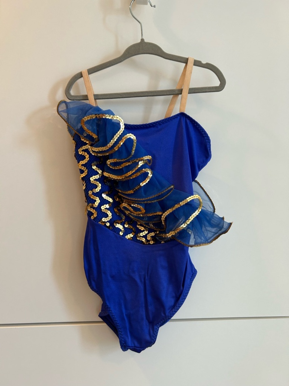 Blue with Gold Sequin Ruffle Dance Costume Leotard for Kids - Size MC